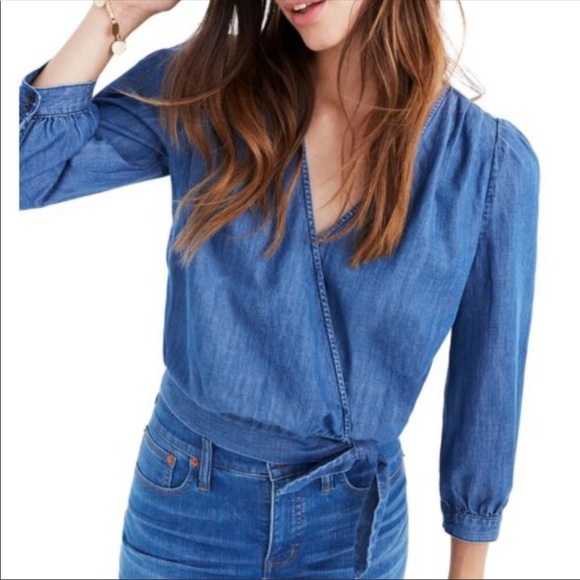 Madewell size xxsmall blue chambray wrap top - Picture 2 of 9